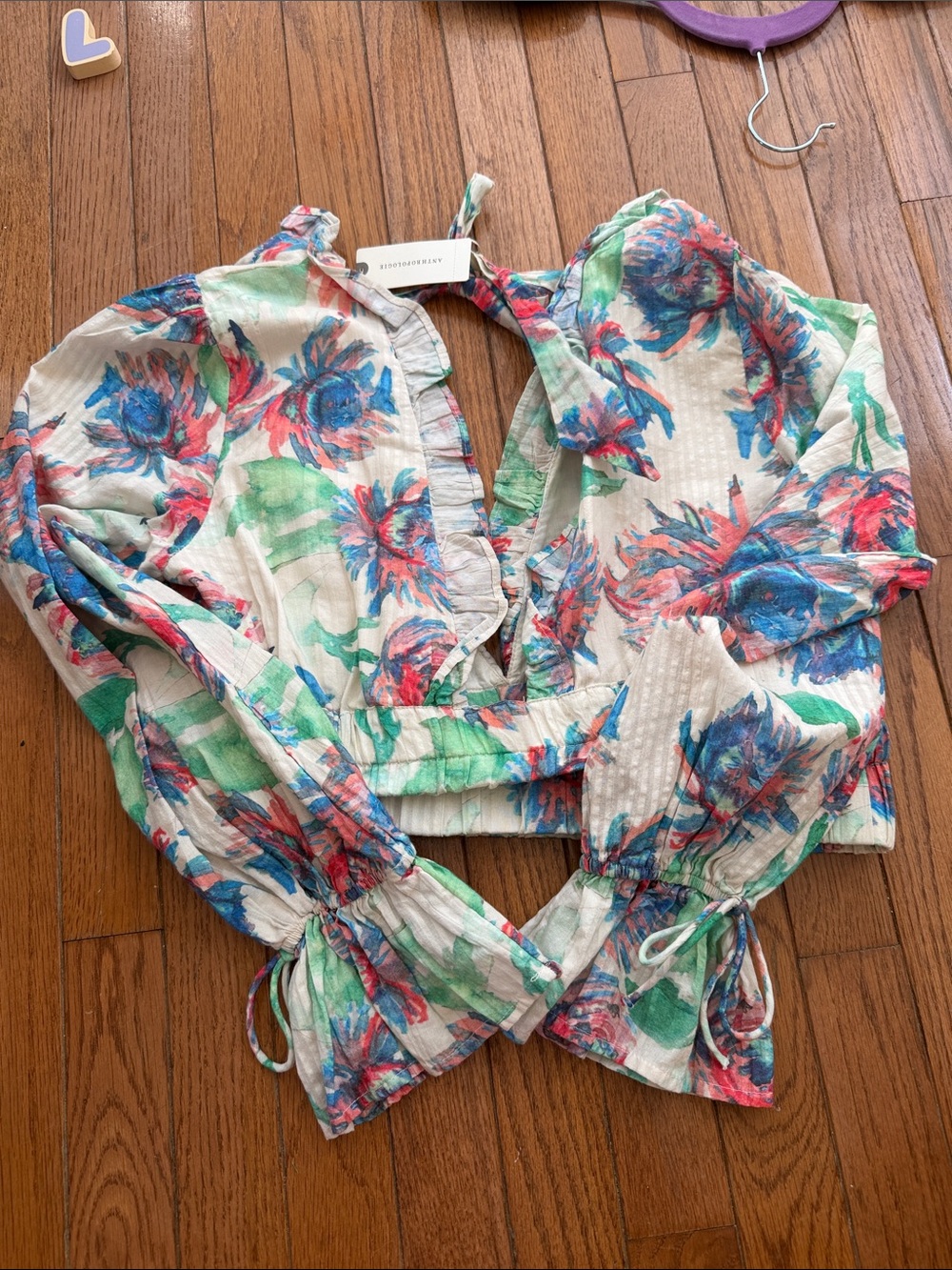 Anthropologie Floral Ruffle Tie-Front Crop Top - Blue, Green, Pink